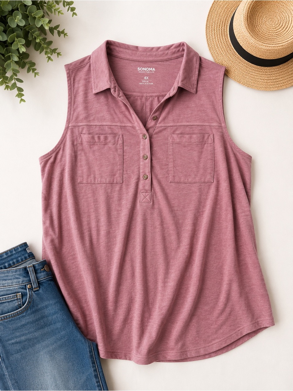 Sonoma Plus Size 4X Mauve Pink Sleeveless Collared Henley Top